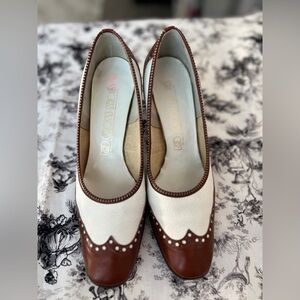 Two-Tone Brown and White Wingtip Pumps